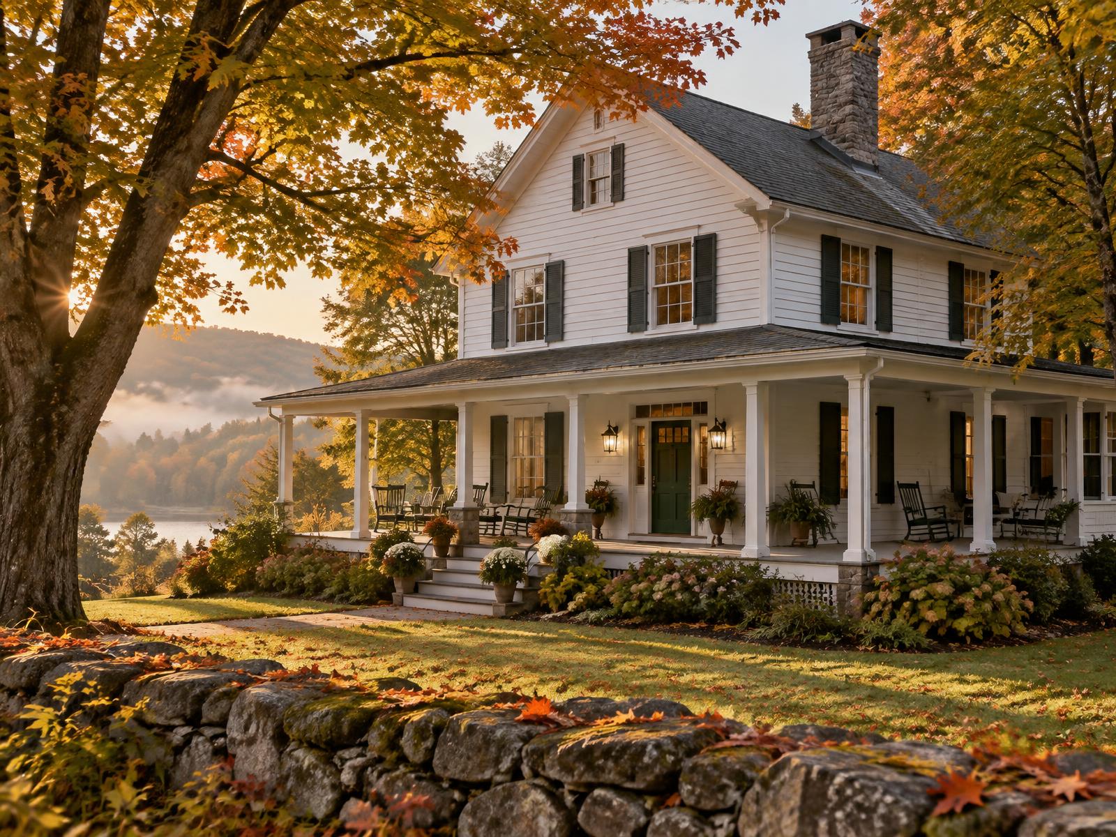 A white farmhouse with a wide front porch among autumn trees — illustrative imagery