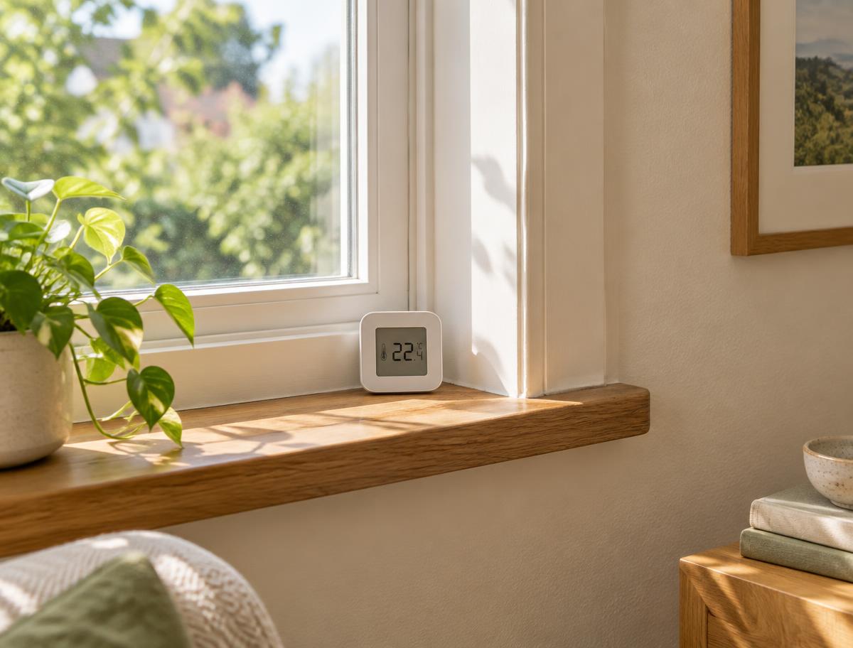 Sunlit window sill with a small thermometer — illustrative imagery