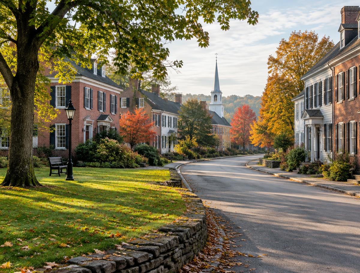 A quiet tree-lined village street with historic homes — illustrative imagery